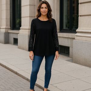 Black Sequin Sleeve Women's Top